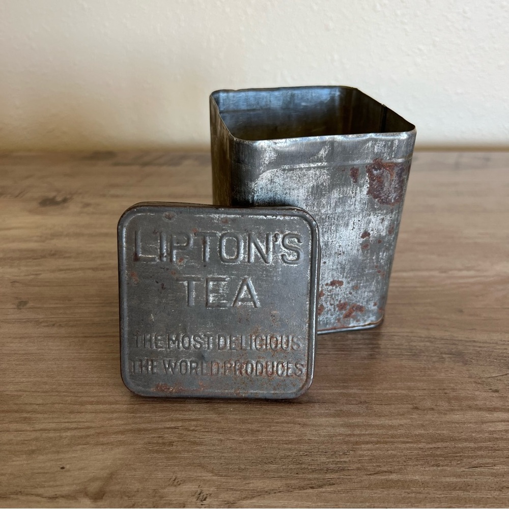 VTG Lipton's Tea Tin Ceylon Metal Container Silver Colored Cottage Core Farm